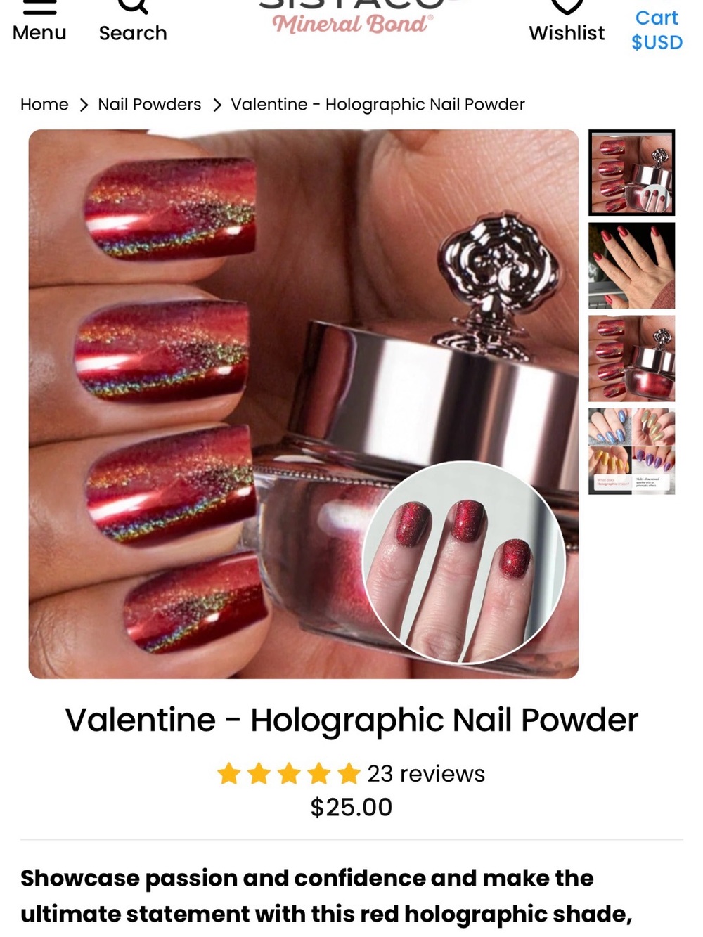 Sistaco Valentine Holographic Nail Powder - Shimmery Red